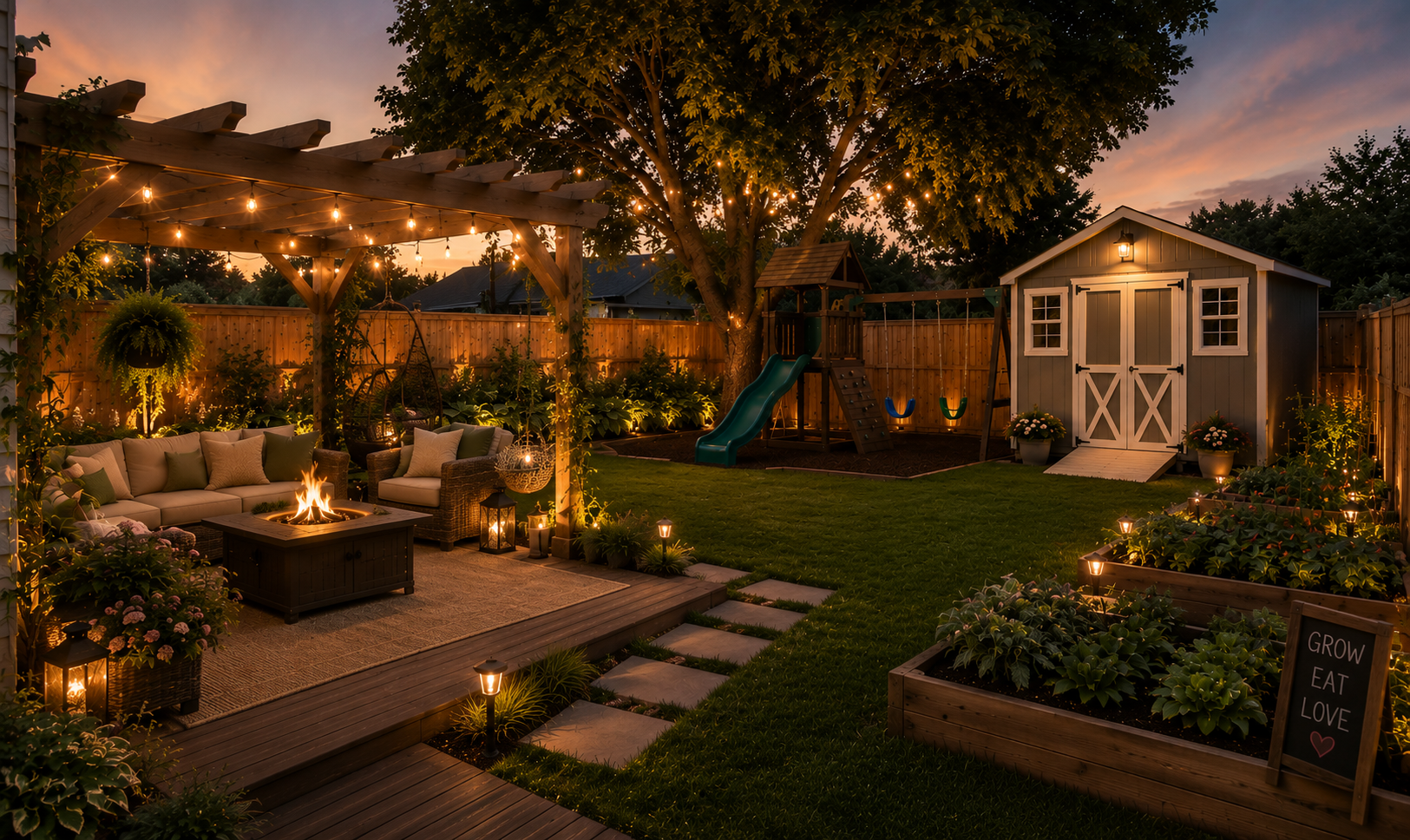 Pergola with string lights over a fire pit lounge at dusk