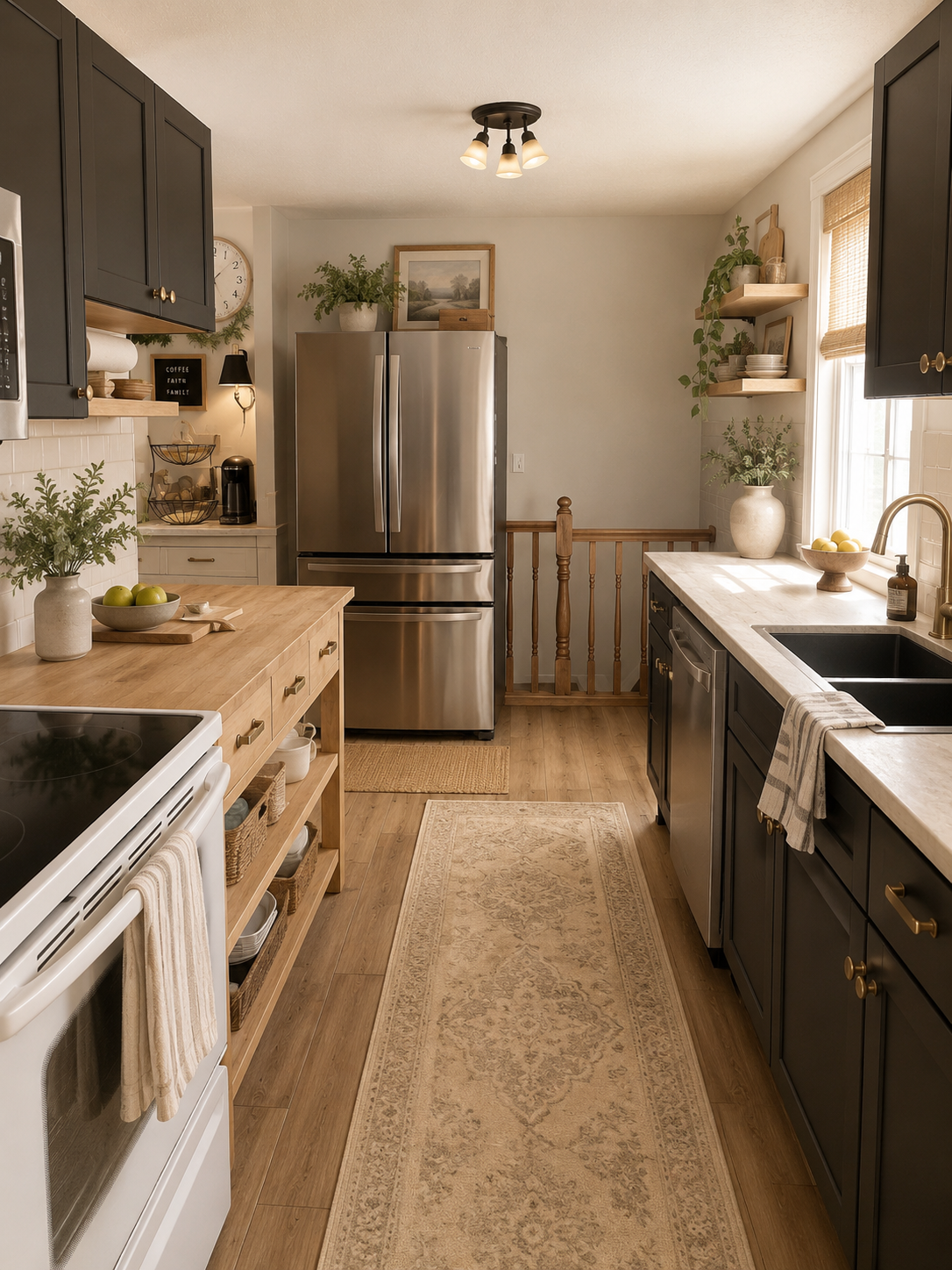 Dark cabinets with butcher block and brass hardware