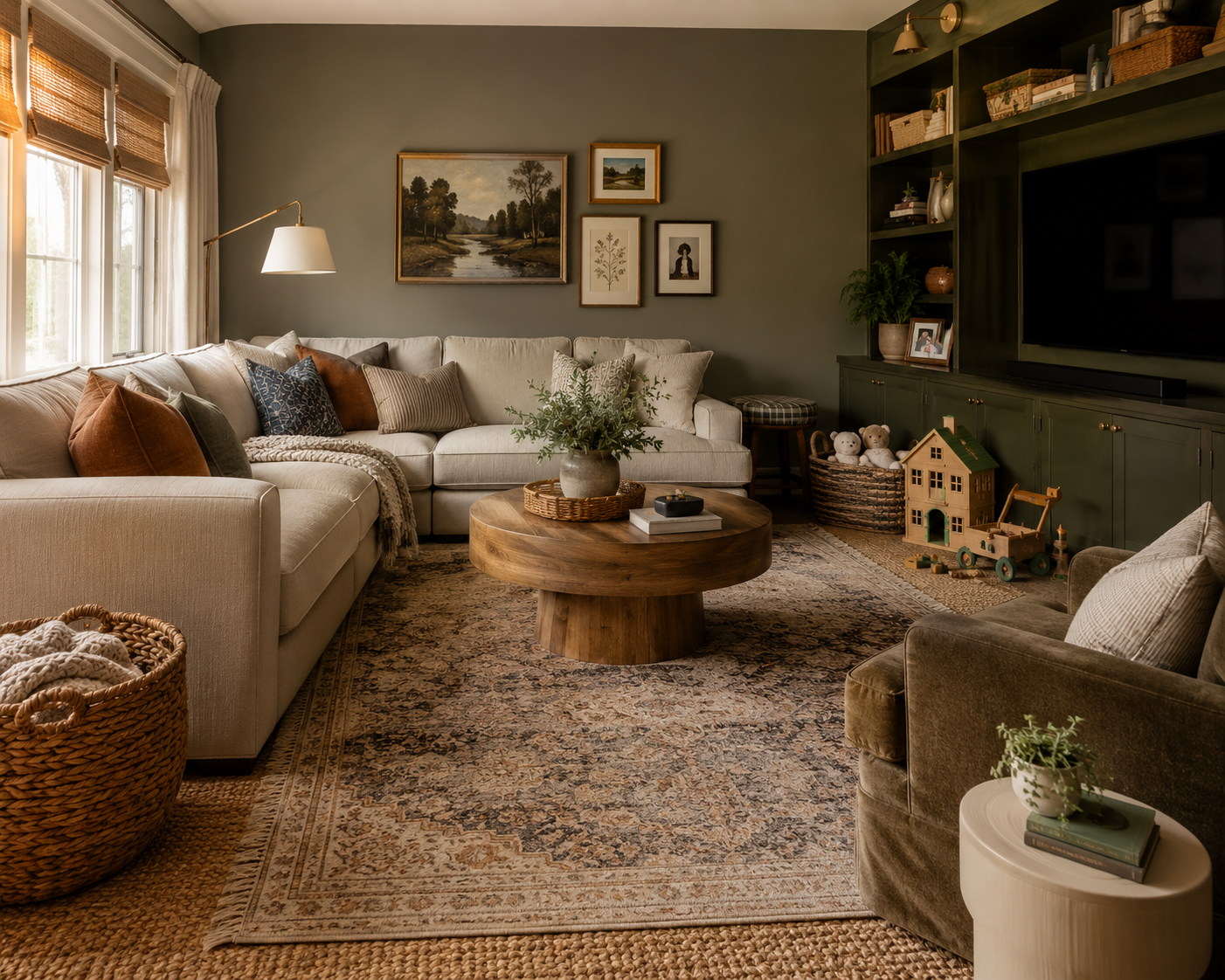 Sage green walls, sectional, and round wood coffee table