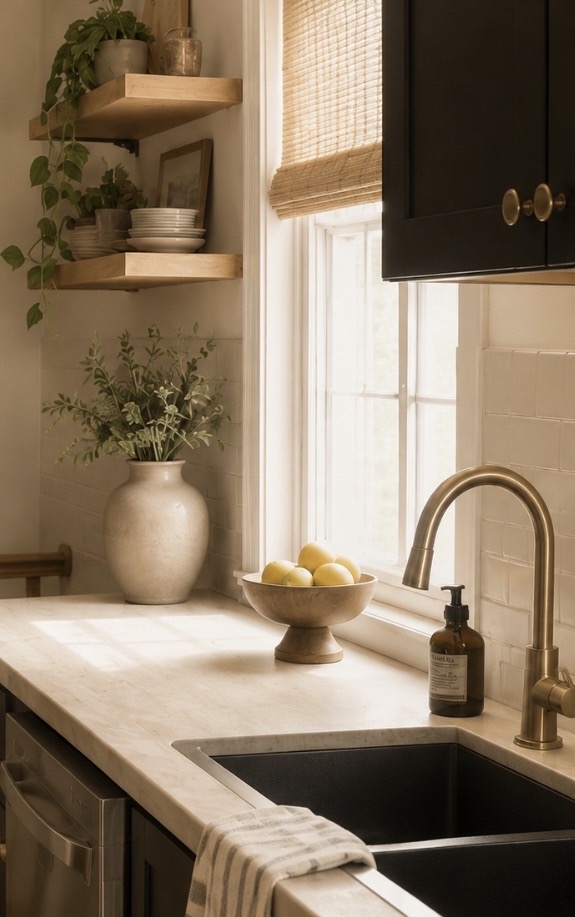 Brass faucet, floating shelves, and bamboo shade by the sink