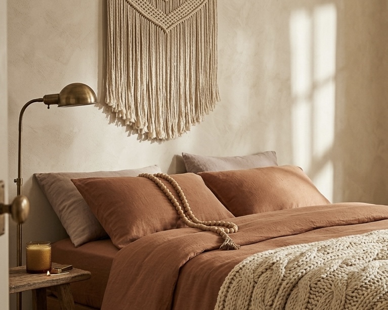 Terracotta linen bedding with macrame wall hanging