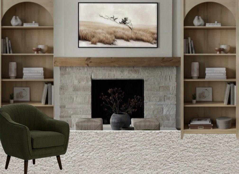 Arched built-ins framing a stone fireplace