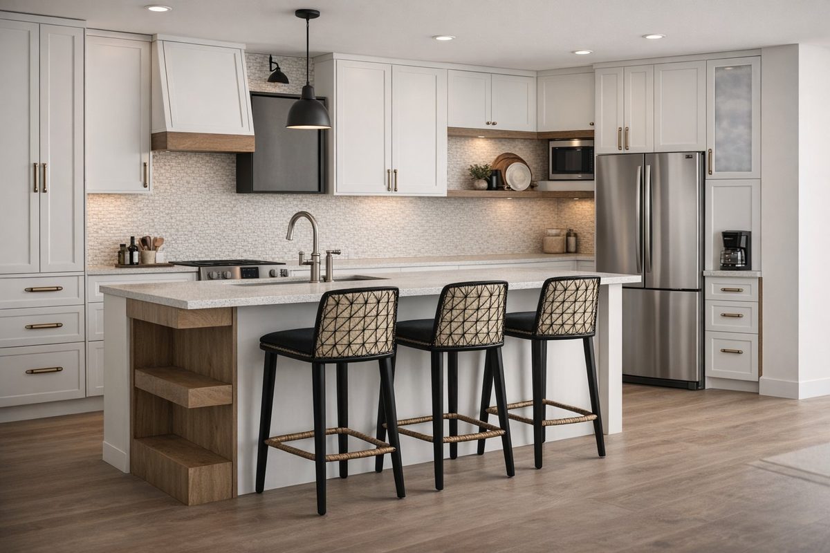 White shaker cabinets meet warm wood tones